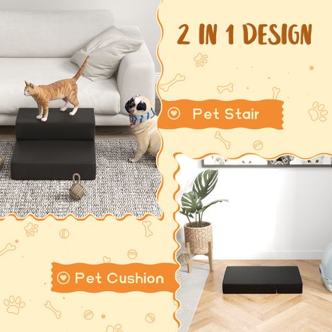 Escalier pliable pour animaux de compagnie (chats et chiens), noir, 2 marches, L 45 x l 39 x H 20 cm, tapis pratique pour faciliter l'ascension. (1/3)