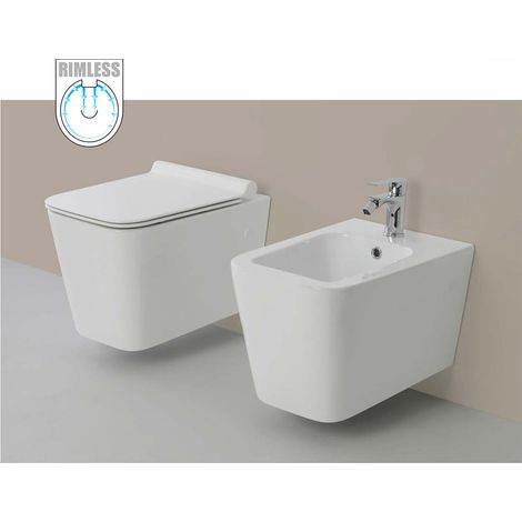 Vaso WC Rimless e Bidet Sospeso Filo Muro Linea Q Squadrato senza Brida - Formato: WC