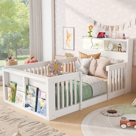 Lit enfant 90x190 cm avec barrières hautes, tête de lit avec USB et veilleuse, rangements au pied, cadre en bois, blanc (1/5)