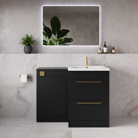 Napoli 460 Nero Oak 1100mm 2 Drawer Vanity Unit Toilet Suite with Glide Basin - 1100mm - Brushed Brass 320mm HandleWithout Kingston Toilet Pan