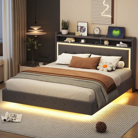 Gepolstertes Doppelbett 160 x 200 cm mit LED-Beleuchtung und USB-Anschluss, 2-Personen-Bett mit Kopfteil mit Regal, Leinen Grau