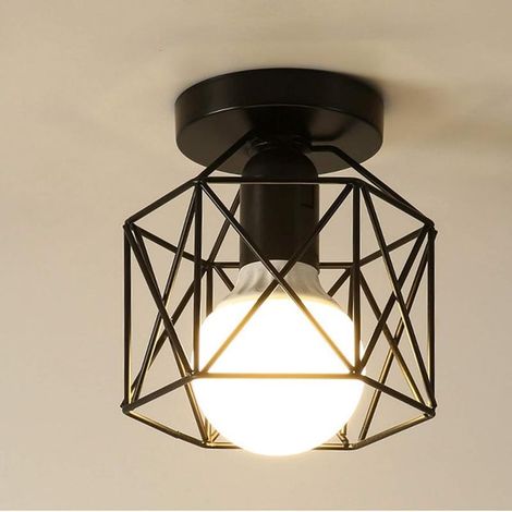 Plafonnier industriel vintage en forme de cage métallique polygonale, style loft, idéal pour un café ou un bureau. Éclairage décoratif. (1/4)
