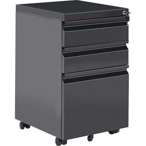 Storage Cabinet Black Steel 3 Drawers with Plastic Wheels Key-Locked Modern Office RECAMI