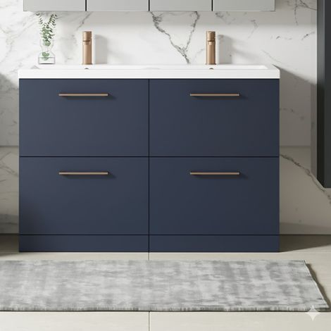 Nuie Arno Floor Standing 4-Drawer Vanity Unit with Double Ceramic Basin 1200mm Wide - Midnight Blue (1/5)