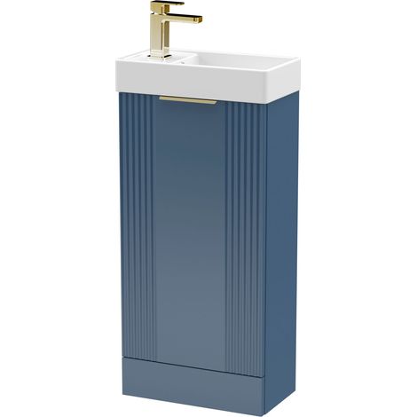 Blue 400mm Floor Standing Cloakroom Vanity Basin Unit with Brushed Brass Handle Compact Bathroom Storage (1/4)