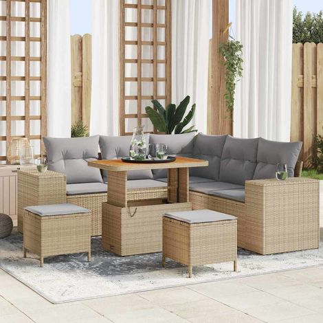 Gartensofa-set mit Kissen 8 pcs Beige und Hellgrau Poly-Rattan
