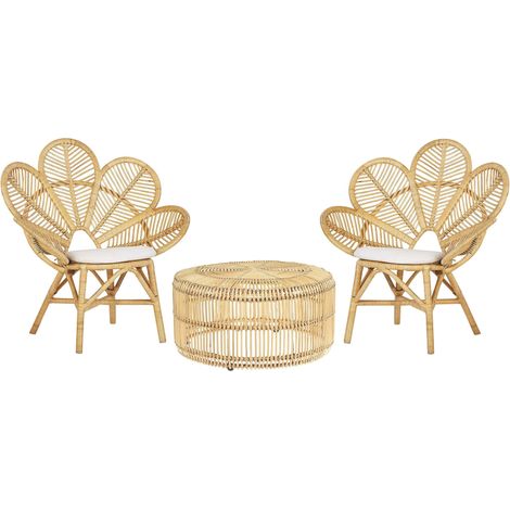 Beliani – Ensemble table et chaises de jardin 2 places – Rotin naturel et métal – Table basse ronde 84cm – Style boho et rustique (1/5)