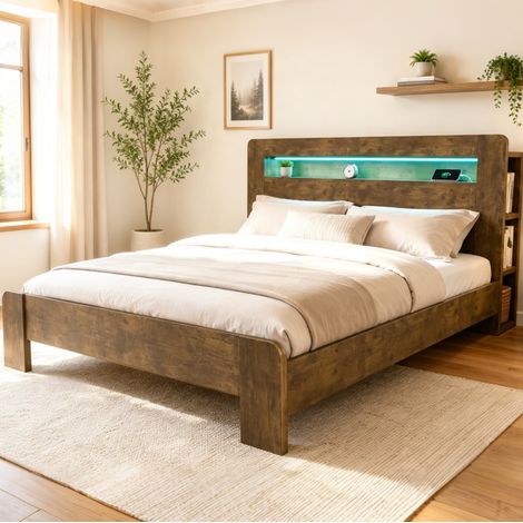 Cama de madera 180 x 200 cm con almacenaje en cabecero, LED y enchufes integrados (1/5)