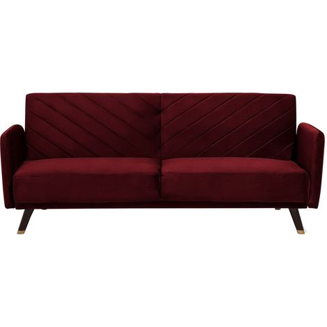 Beliani – Canapé convertible 3 places en velours rouge – Clic-clac inclinable – Espace de couchage 110x178 cm – Style glamour pour salon (1/5)