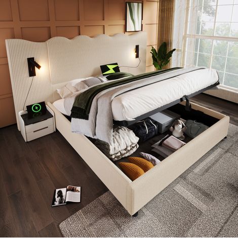 Letto a cassone 180x200 cm con testiera, lampada da lettura, USB, Type-C, vano portaoggetti idraulico e rete a doghe in tessuto, beige, senza materasso (1/5)