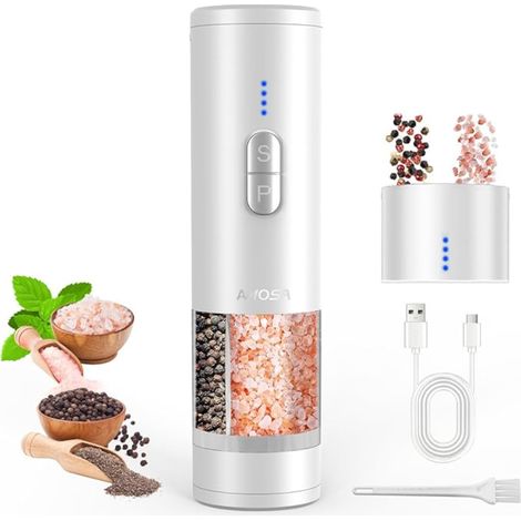 Moulin à Poivre Électrique, Double Réservoir, Meule en Céramique Réglable en Finesse, USB Rechargeable Remplissable Salières et Poivrières avec Lumière LED pour Cuisine, Blanc (1/5)