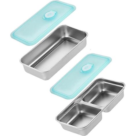 Tragbare Lunchbox, wiederverwendbare Snackbox mit Deckel, zwei Fächer, aus Edelstahl. (1/5)