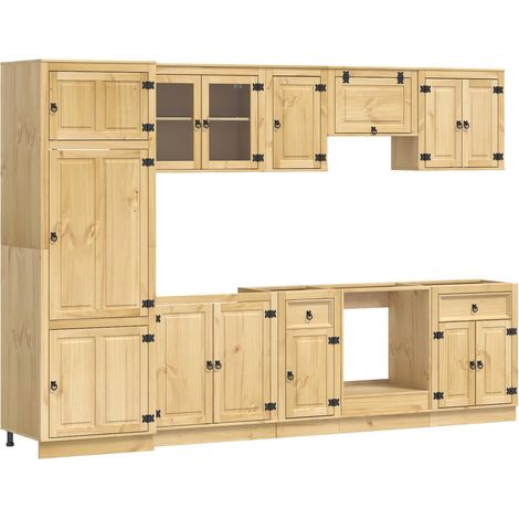 Buffet multifonction avec 2 tiroirs et 7 étagères 306 x 58 x 207 cm style moderne salle à manger en pin massif miel (1/5)