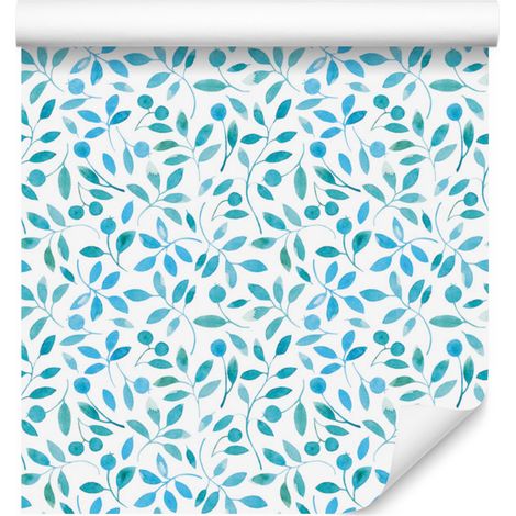 Carta da parati con foglie turchesi in stile acquerello per soggiorno e camera da letto, 50x1000 cm (1/5)