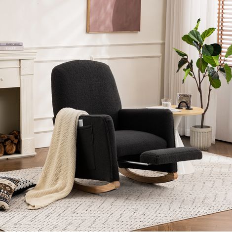 Sillón mecedora 126 x 67 x 98 cm de tela de peluche gris oscuro, montaje fácil, FloraGrace (1/5)