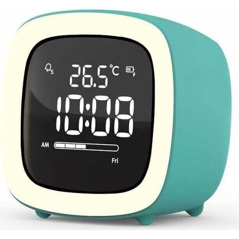 Réveil pour Enfants avec Veilleuse - Rechargeable, Double Alarme, Affichage Température, Mode Week-end, Fonction Snooze