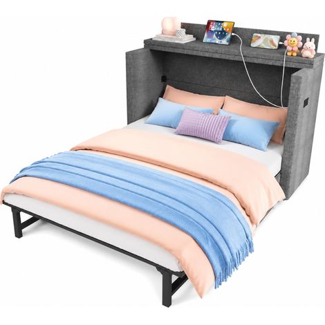 letto a scomparsa 140 x 200 grigio in lino con cassetto e porte USB salvaspazio - CHICFURN (1/5)