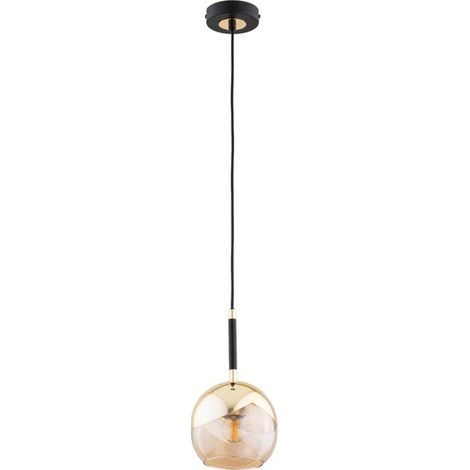 Alfa PRADA Black & Gold Pendant Ceiling Lamp with Glass Globe, 1x E27 Socket Max 15W, Dimmable with Compatible Bulb, Modern Hanging Light 15 cm, H85 cm