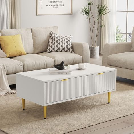 Table Basse Moderne avec 2 Tiroirs Cannelés et Piétement Métallique - 100x50x40cm - Blanc et Or (1/5)