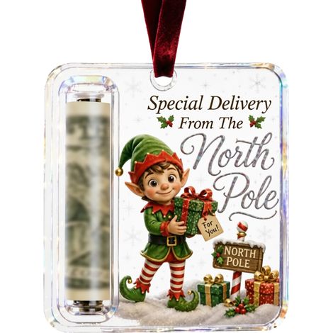 Porte-monnaie suspendu en acrylique pour Noël, motif de vœux imprimé, étiquette de rangement pour billets roulés, décoration pour sapin de Noël (1/5)
