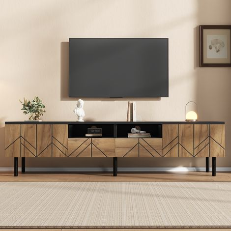 Meuble TV 2 portes 2 tiroirs avec niches ouvertes, design géométrique, 180 x 40 x 45 cm, panneau de particules, bois et noir (1/5)