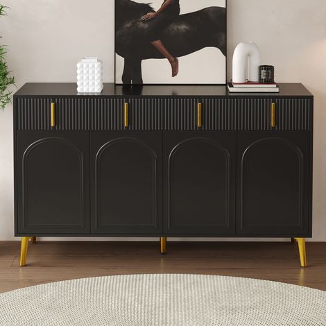 Buffet 140 cm - MDF, Commode avec 4 tiroirs et stratifié amovible, poignées dorées, Armoire de Cuisine Buffet Meuble de Rangement - Noir (1/5)