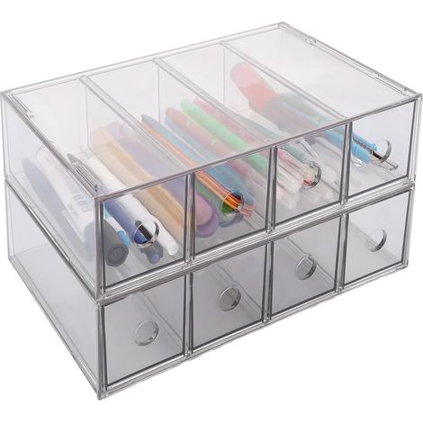Lot de 2 Organiseurs de Cuisine avec 3 Tiroirs, Transparent, en Plastique, pour Papeterie, Rectangulaire, 27,3 x 17,2 x 7,3 cm (1/5)