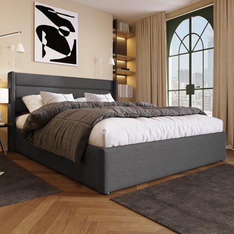 Lit coffre double 160 x 200 cm en lin gris avec rangement hydraulique et tête de lit confortable (1/5)