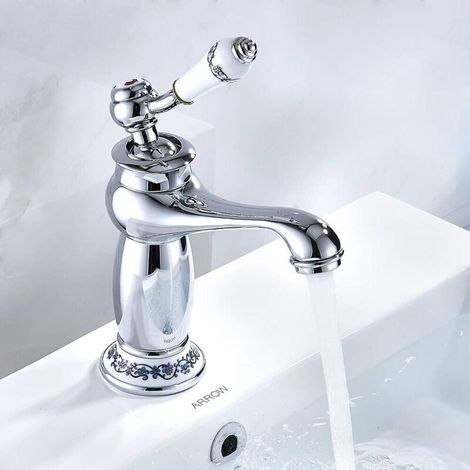 Pair Einhebel-Waschtischarmatur, Messing, Keramik, Spülbeckenarmatur, schwarz-weißes Porzellan, langer Hals, Vintage-Blumenmuster, mit Zulauf, Kalt-/Warmwasserhahn, Küche, Badezimmer (Chrom) (1/5)