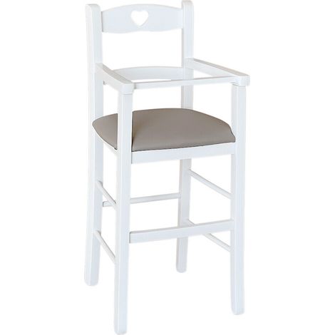 Okaffarefatto – Chaise haute bébé en bois blanc – Siège en éco-cuir gris tourterelle – Dimensions 58 cm hauteur assise – Compacte et facile à nettoyer