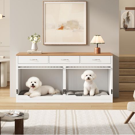 Cage pour chiens en bois et métal avec portes rabattables, 3 tiroirs, 164×60×81 cm, blanc et effet bois, pour 2 chiens (1/5)