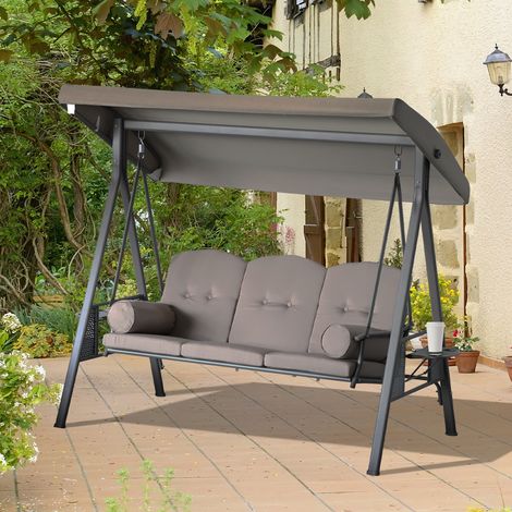 Sedia a dondolo da giardino Outsunny a 3 posti, extra comfort, tettuccio inclinabile regolabile, cuscini, vassoi estraibili, poliestere filato, beige