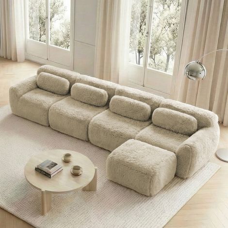 Sofá esquinero en L de 4 plazas - 378 x 179 x 73 cm - Sofá modular XL de tejido felpudo con otomana - Caqui claro
