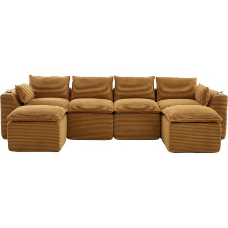 Divano modulare 4 posti arancione in tessuto a coste con 2 pouf, cuscini e porta bicchieri (1/5)