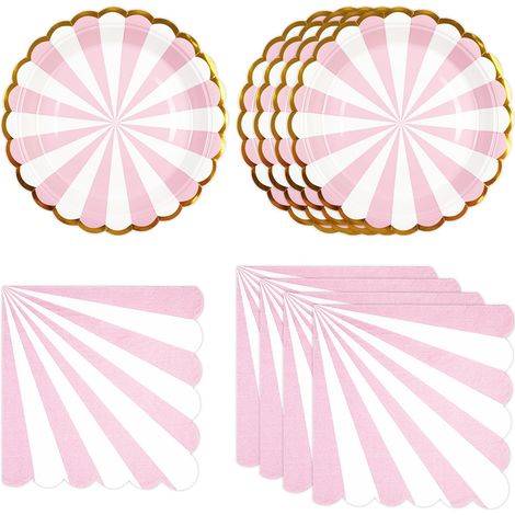 Lot de 24 Vaisselle Jetable Anniversaire, Rose Rayées Assiettes en Carton et Serviettes Festonnées pour Barbecue Anniversaire Enfants Fête Décorations (Rose) (1/5)