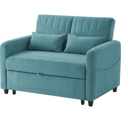 Sofá Convertible 2 Plazas en Algodón Lino con Respaldo Ajustable 3 Posiciones y 2 Cojines Multifuncionales, Verde Azul Antiguo (1/5)