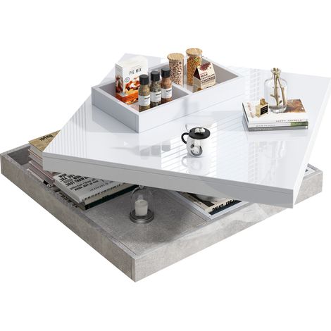 Mesa de Centro Cuadrada con Tablero Giratorio 360° y Estante de Almacenaje, Acabado Brillante, Salón, 70×70×36 cm (1/5)