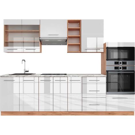 Cucina componibile Fame-Line, Bianco lucido/oro power oak, 280 cm , PL Marmo, Vicco