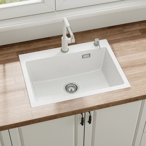 60 x 45 cm Évier de cuisine en granit - évier encastré, grand évier de cuisine à 1 bac avec siphon, évier blance HOROW (1/5)