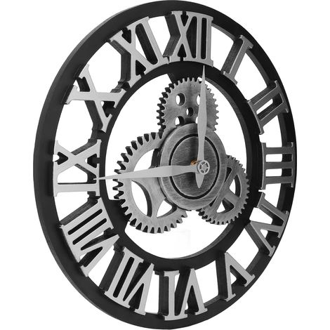 Grande horloge murale 3D rétro 34 cm vintage en bois engrenages chiffres design industriel horloges déco salon maison argent (1/5)