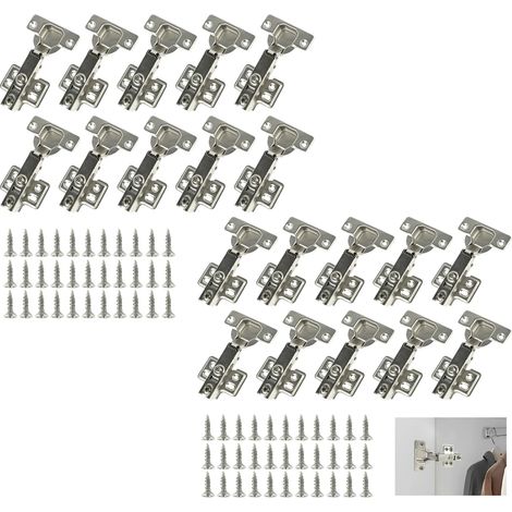 (20 pièces) Charnières de porte d'armoire en acier inoxydable avec amortisseur et silencieux, charnières invisibles pour porte de placard, vis incluses (1/5)