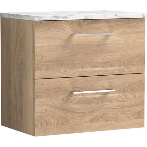 Nuie Arno Wall Hung 2-Drawer Vanity Unit with Carrera Marble Worktop 600mm Wide - Bleached Oak (1/4)