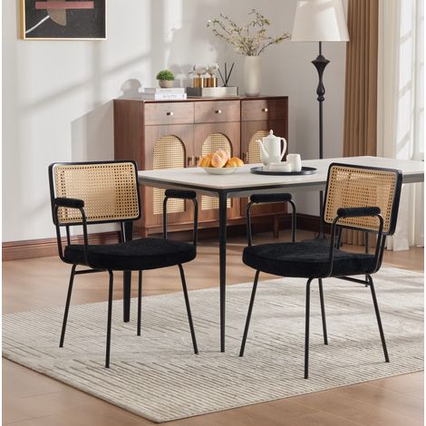 Lot de 2 chaises de salle à manger avec accoudoirs, assise en chenille, structure en bois massif et métal, design rotin, pieds métalliques réglables noirs (1/5)