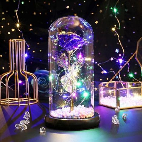 Lampe LED Rose éternelle en feuille de verre, décoration pour la maison, chambre à coucher, Roses violettes colorées (1/4)