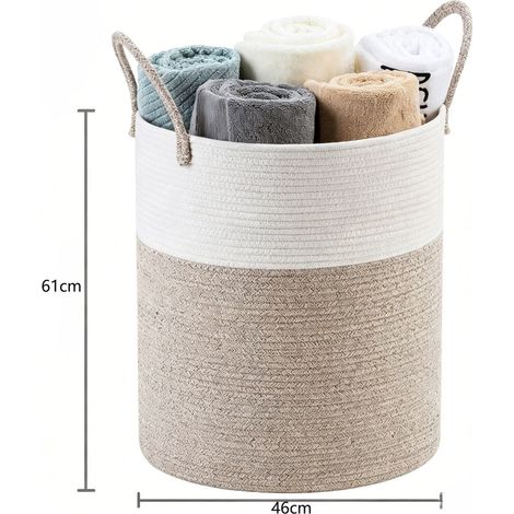Panier Rangement Corde Coton 46x61cm Poignée Linge Sale Jouets Salon Salle de Bain
