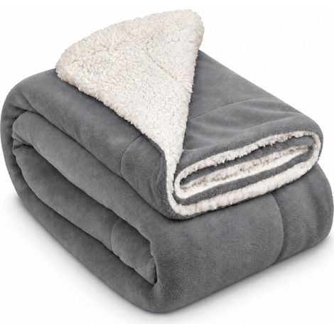 Beautissu – Couverture douillette sherpa 220x240cm – Polyester microfibre 100% – Lavable à 30°C – Gris clair et blanc