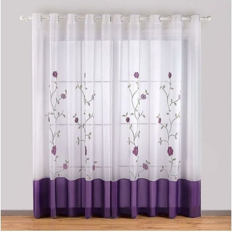 YMYNY Eyelet Curtains 140 x 245 cm Floral Embroidery Voile Curtains for Bedroom Kitchen Living Room Purple Set of 2 (1/4)