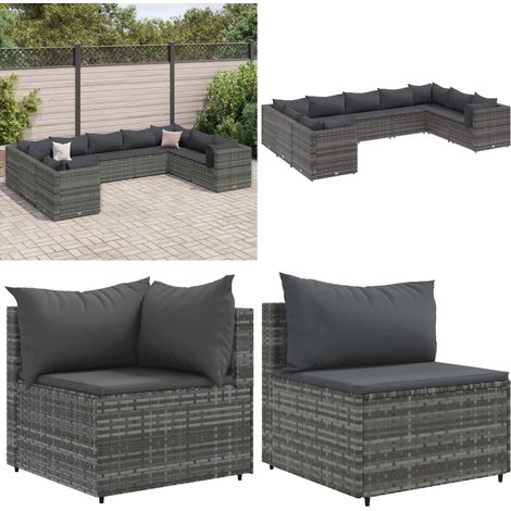 9-tlg. Garten-Lounge-Set mit Kissen Grau Poly Rattan - Gartensets - Loungeset - Gartenmöbel - Rattan Möbel - Outdoor Möbel - Home & Living