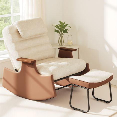 Modern Schaukelstuhl, Stillsessel mit Kopfstütze und Hocker, Schaukelsessel mit Lammfell-Polsterung, Relaxsessel mit Kufen und Armlehne, für Wohnzimmer, Garten und Terrasse, Beige (1/5)