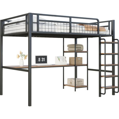 CAIziLit mezzanine 140x200cm avec bureau,étagères et escalier noir,sans matelas (1/5)